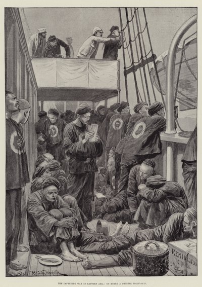 Der drohende Krieg in Ostasien, an Bord eines chinesischen Truppenschiffs von Richard Caton Woodville junior