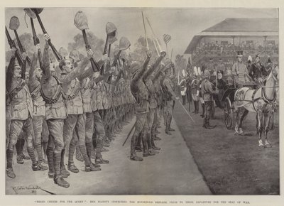 Dreifaches Hoch auf die Königin!, Ihre Majestät inspiziert die Household Brigade vor deren Abreise zum Kriegsschauplatz von Richard Caton Woodville junior