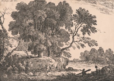 Landschaft mit Baumgruppe, umgeben von Wasser, Cottage links, Frau im Vordergrund rechts sitzend von Richard Cooper the Elder