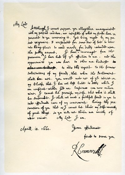 Brief von Richard Cromwell, Lord Protector, an General George Monck, 18. April 1660 von Richard Cromwell
