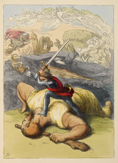 Jack steht auf dem Körper eines Riesen, mit erhobenem Schwert. Farbige Illustration in einem Kinderbuch. von Richard Doyle