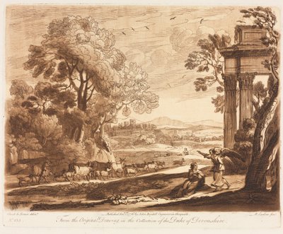 Liber Veritatis: Nr. 133, Eine Landschaft mit Vieh und der Engel tröstet Hagar von Richard Earlom