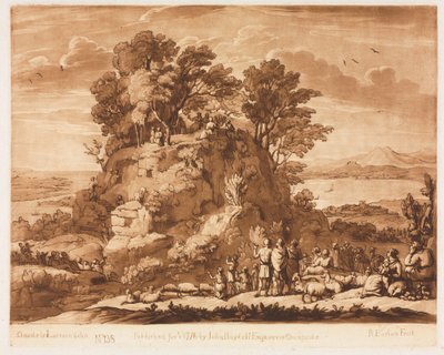 Liber Veritatis: Nr. 138, Ein Blick auf das Meer, mit Christus, der auf dem Berg predigt..., 1776 von Richard Earlom