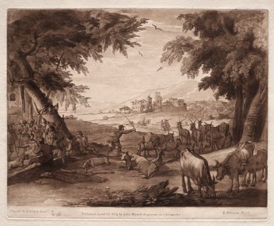 Liber Veritatis: Nr. 36, Pastorale Szene mit Dorfbewohnern und einer Herde von Ochsen und Ziegen von Richard Earlom