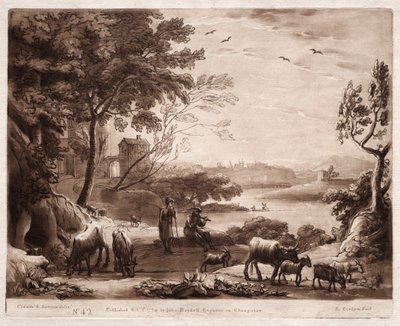 Liber Veritatis: Nr. 42, Eine Flusslandschaft mit einem Hirten und einer Hirtin und einer Herde von Rindern von Richard Earlom