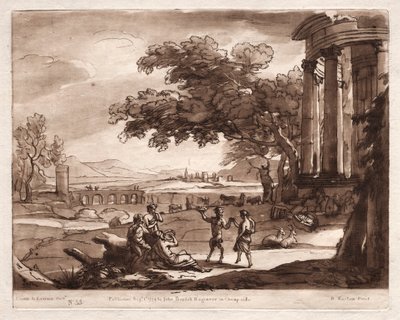 Liber Veritatis: Nr. 55, Eine Landschaft mit einem Tempel und einer tanzenden Nymphe und einem Satyr von Richard Earlom