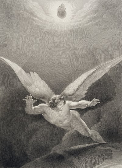 Satan springt über die Mauern des Himmels, aus einer französischen Ausgabe von 