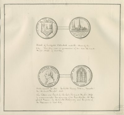 Lichfield - Medaillen der Kathedrale von Lichfield und des Stadtwappens, und ein Porträt von Richard Greene: Federzeichnung, undatiert [frühes 19. Jahrhundert] von Richard Greene