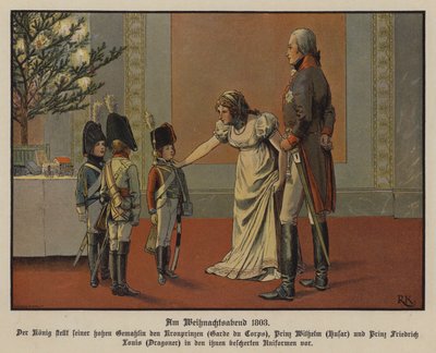 König Friedrich Wilhelm III. und Königin Louise von Preußen mit Kronprinz Friedrich Wilhelm, Prinz Wilhelm und Prinz Friedrich Louis in Militäruniformen, Heiligabend von Richard Knotel