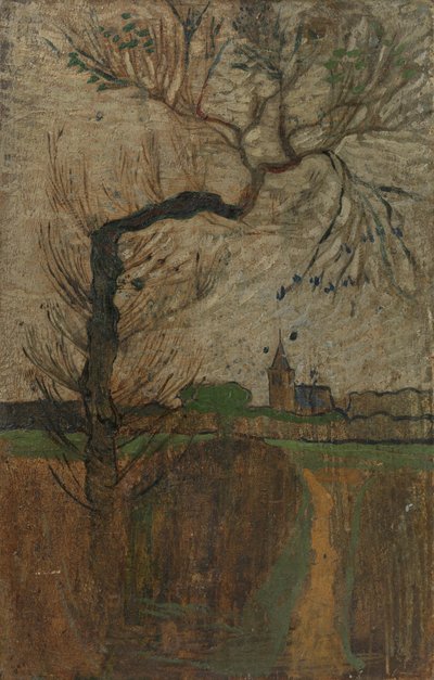 Fußweg mit Weide und einem Dorf am Horizont von Richard Nicolaüs Roland Holst