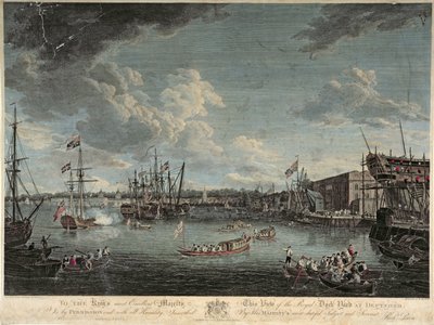 Ansicht der königlichen Werft in Deptford, graviert von William Woollett, veröffentlicht am 1. Juli 1793 von Richard Paton