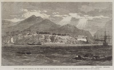 Stadt und Festung von Acapulco an der Westküste Mexikos, mit der englischen und französischen Flotte im Hafen von Richard Principal Leitch