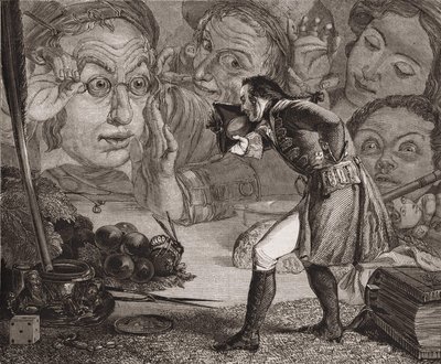 Jonathan Swifts Gulliver-Reisen. Gulliver wird auf einem Tisch zur Bewunderung der Bewohner von Brobdingnag ausgestellt. Redgrave-Gravur von Richard Redgrave