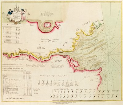 Karte des Flusses Themse von London bis zur Nore, Margate und den Downs, Nord-, Mittel- und Südkanäle, aus einer Vermessung von 1789 und 90 von Richard Stanier