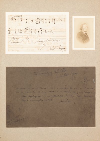 Autographische Musiknotation montiert mit Carte-de-Visite-Fotografie von Wagner und einem Provenienzvermerk von Richard Wagner