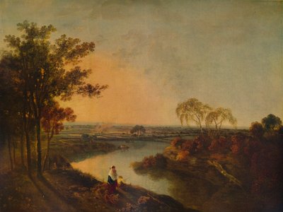 Ein englischer Fluss bei Sonnenuntergang, in der Ferne die walisischen Hügel, ca. 1760, 1938 von Richard Wilson