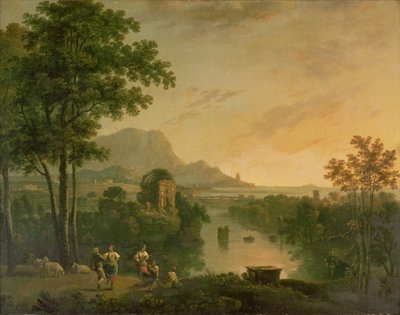 Küstenlandschaft am Abend mit tanzenden Hirten und Hirtinnen von Richard Wilson