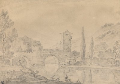 Italienische Landschaft mit dreibogiger Brücke, Brückenhaus, Figuren am nahen Ufer und Pappeln am fernen Ufer von Richard Wilson