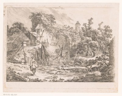 Landschaft mit Hütte und Fischernetzen auf Stangen von Richard de Saint Non