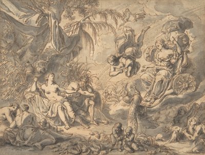 Juno auf ihrem Wagen besucht eine junge Frau und einen Flussgott, spätes 17. bis mittleres 18. Jahrhundert von Richard van Orley