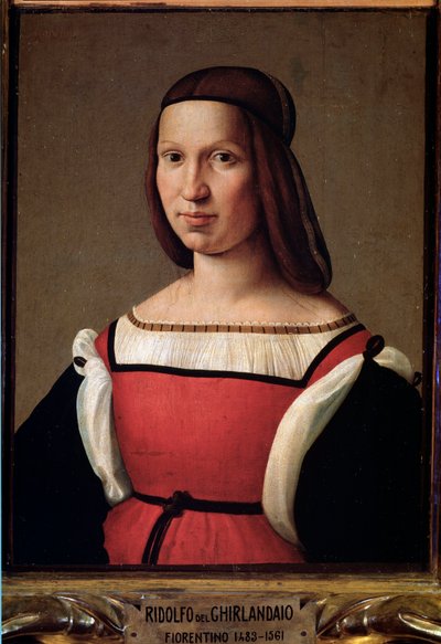 Porträt einer Dame aus den unteren Schichten in einem roten Kleid mit Puffärmeln von Ridolfo Il  Ghirlandaio