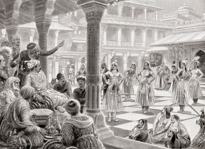 Akbar spielt Pachisi oder Chaupur mit lebenden Figuren in Fatehpur Sikri im Jahr 1575, aus Hutchinson