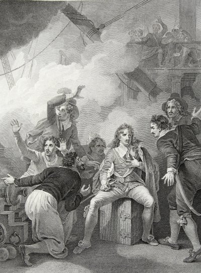 Earl Sandwich weigert sich, sein Schiff zu verlassen, während es in der Schlacht von Sole Bay brennt, graviert von W. Byrne, Illustration aus David Humes 