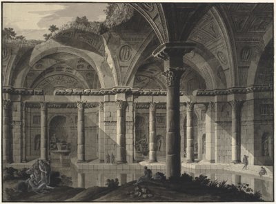 Architektonische Fantasie eines antiken Bades mit zerstörtem Dach und Figuren von Robert Adam
