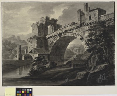 Architektonische Fantasie mit antiker Brücke über einen Fluss und einer Wassermühle im Vordergrund von Robert Adam