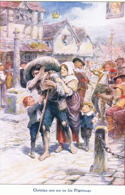 Christian bricht zu seiner Pilgerreise auf, aus The Pilgrims Progress, veröffentlicht von John F Shaw & Co, um 1900 von Robert Ambrose Dudley
