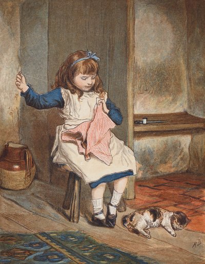 Mädchen näht mit Katze zu ihren Füßen von Robert Barnes