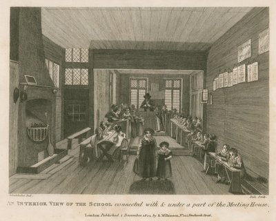 Ein Innenansicht der Schule, die mit und unter einem Teil dessen verbunden ist, was früher John Bunyans Versammlungshaus war von Robert Blemell Schnebbelie