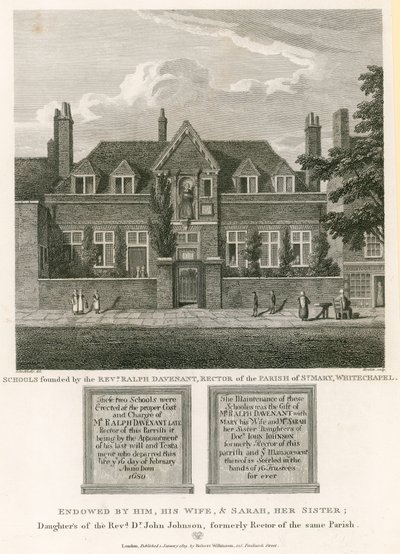 Schulen gegründet von Reverend Ralph Davenant, Rektor der Pfarrei St. Mary, Whitechapel von Robert Blemell Schnebbelie