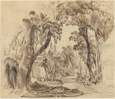 Ein von Bäumen gesäumter Gartenweg (Vorstudie für "Dornröschen und das Biest"?) von Robert Caney