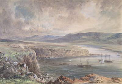Foilhummerum Bay, Valentia, Blick von Cromwell Fort: Die Caroline und Boote..., 1865-1866 von Robert Charles Dudley