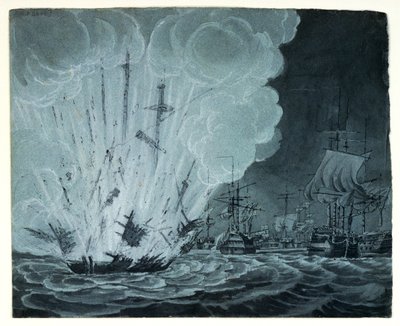 Schiff explodiert in der Schlacht am Nil von Robert Cleveley