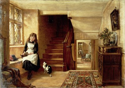 Ein Interieur mit einem Mädchen, das mit Katzen spielt von Robert Collinson