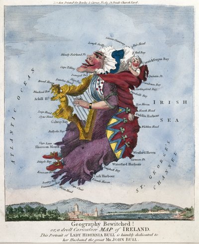 Geographie verhext! oder, eine lustige Karikaturkarte von Irland. Dieses Porträt von Lady Hibernia Bull ist ihrem Ehemann, dem großen Mr. John Bull, demütig gewidmet. von Robert Dighton