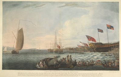 Ansicht von Blackwall, mit einem Teil der Werft, beim Stapellauf der Bombay Castle, 74 Kanonen, gebaut auf Kosten der Hon. East India Company und von ihnen Seiner Majestät im Juni 1782 geschenkt von Robert Dodd