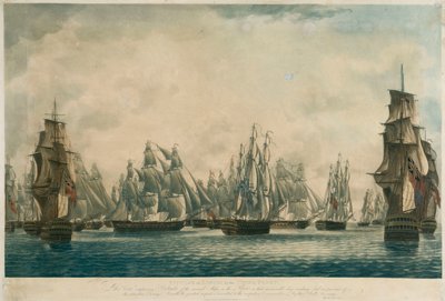 Zurückweisung von Linois durch die China-Flotte... Schiffe der Flotte setzen Segel zur Verfolgung des sich zurückziehenden Feindes von Robert Dodd