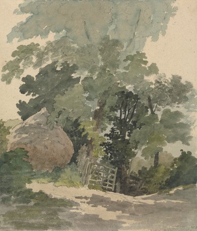 Ein Feldweg mit Heuhaufen und Tor von Robert Hills