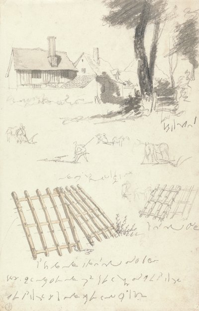 Studien von Bauernhäusern an einem Tor, Pflügen und Eggen von Robert Hills