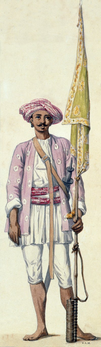 Indischer Soldat (Raketenmann) der Armee von Tipu Sultan, der seine Rakete als Fahnenmast benutzt, Madras von Robert Home