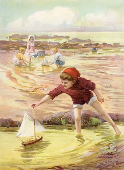 Sein neues Boot - Junge spielt mit Spielzeugboot am Strand von Robert Lillie