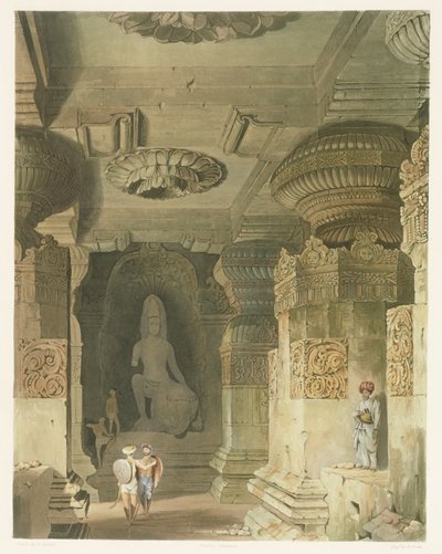 Innenansicht des Höhlentempels von Indra Subba in Ellora, aus Band II von Scenery, Costumes and Architecture of India von Robert Melville Grindlay