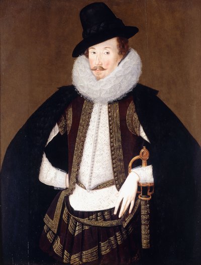Porträt von Sir Charles Cornwallis in einem schwarz besetzten Mantel, weißem Wams und brauner, goldbestickter Weste von Robert Peake