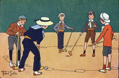 Ball nach Stunden (Geschicklichkeitsspiel mit Bällen und Schlägern). Gravur in "Was spielen wir?" von E. Weber mit Aquarellzeichnungen von Robert Salles (1871-1929). Librairie Garnier Freres, Paris von Robert Salles
