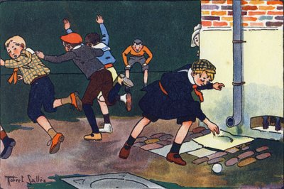 Kugel an der Wand. Gravur in "Was spielen wir?" von E. Weber mit Aquarellzeichnungen von Robert Salles (1871-1929). Librairie Garnier Frères, Paris. von Robert Salles