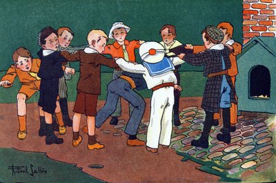 Katze und Maus. Gravur in "Was spielen wir?" von E. Weber mit Aquarellzeichnungen von Robert Salles (1871-1929). Librairie Garnier Freres, Paris von Robert Salles
