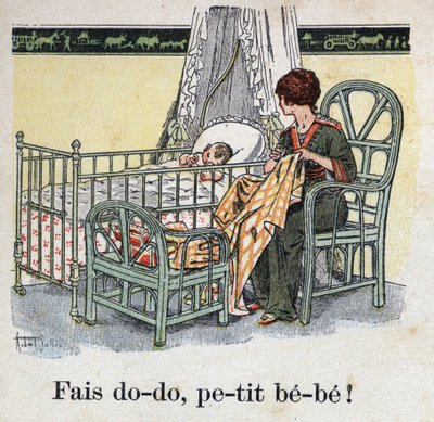 Kinderbuch „Ich werde lesen - Methodisches und lustiges Alphabet von einem Vater“ 1926. Illustration von Robert Salles (1871-1929). „Schlaf, Baby, schlaf!“. Eine Mutter näht im Zimmer ihres Kindes und wartet darauf, dass ihr Baby schläft. von Robert Salles